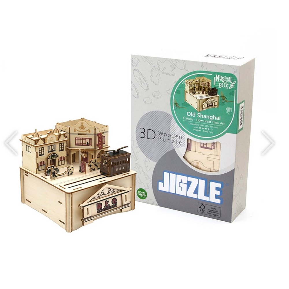 New Open Box Jigzle Old Shanghai 3D Wooden Music Box Puzzle